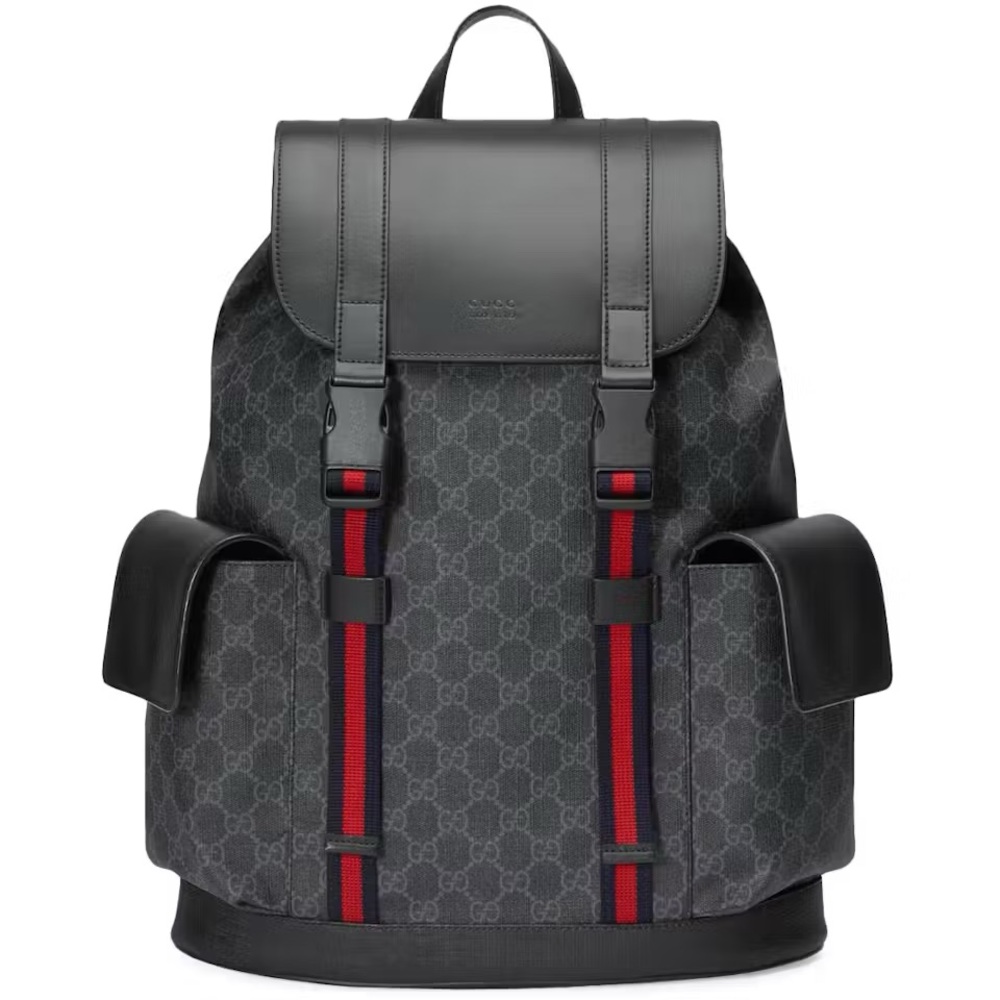Gucci GG Supreme Black and Red Backpack with Flap Top Design